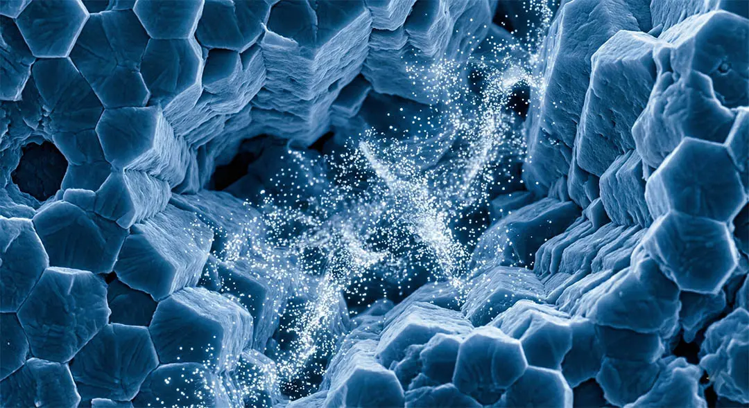 Vue au microscope de la reminéralisation de l'émail par calcium liquide comblant les fissures dentaires