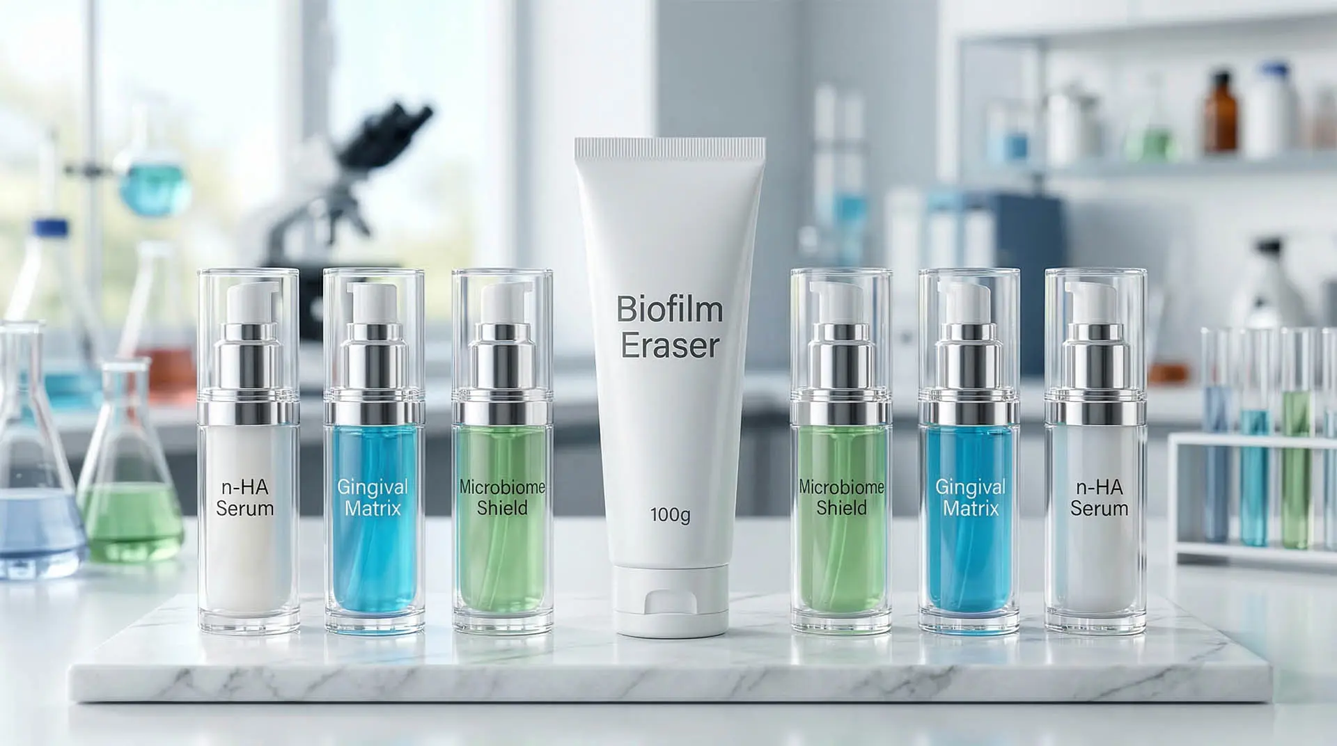 النظام البيئي للفئة 9 للعناية بالفم للتعمير يضم أمصال أسنان بدون شطف وبرايمر ممحي للبيوفيلم P-01، مصنع للعلامات التجارية الخاصة الفاخرة B2B.