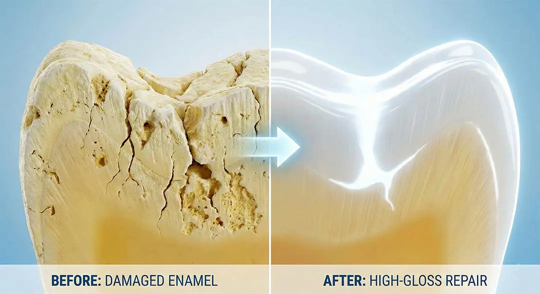 Avant et après la reminéralisation de l'émail par calcium liquide créant une haute brillance
