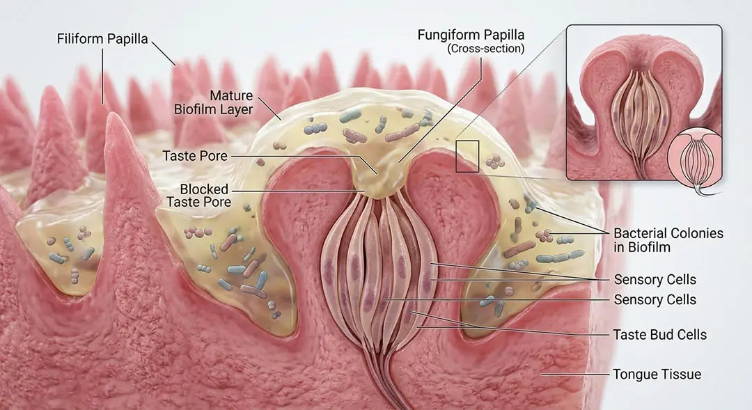 Diagramme montrant la Matrice de la Langue et le biofilm mature