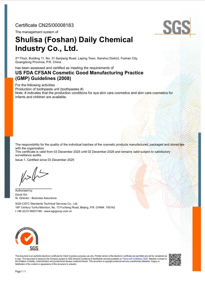 Certificado oficial de SGS que verifica el cumplimiento de las Buenas Prácticas de Manufactura (GMP) para cosméticos de la FDA (CFSAN) de los EE. UU. de nuestra instalación de fabricación OEM global