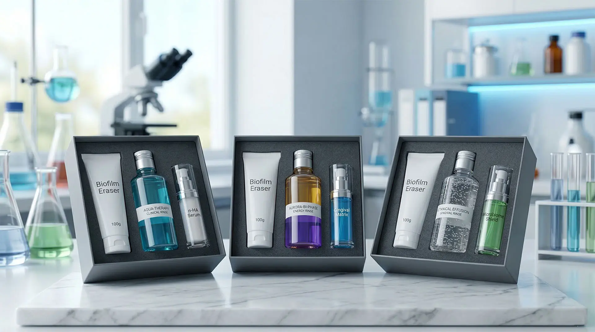 Kits de soins buccodentaires B2B de luxe présentant un emballage cosmétique en mousse EVA sur mesure et des protocoles de fabricant de soins buccodentaires clés en main.